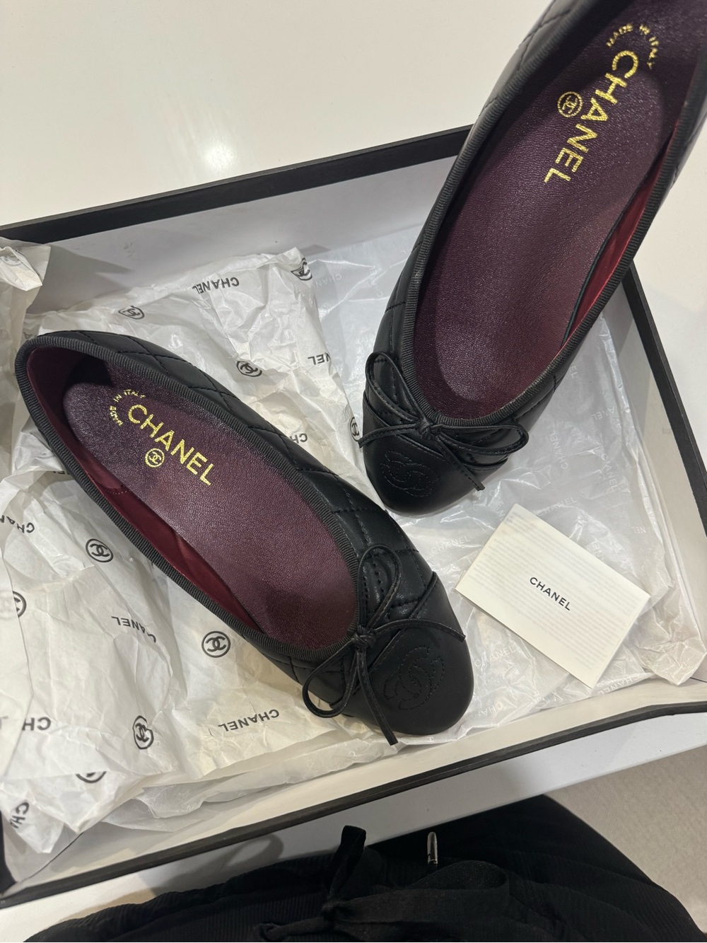 CHANEL Black Quilted Leather Ballet Flats with Burgundy Insole - Picture 6 of 8
